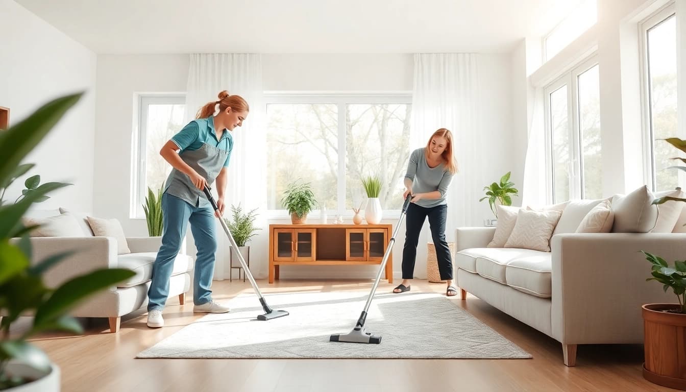Enhance your home with a professional Cleaning Service team at work in a bright living room.