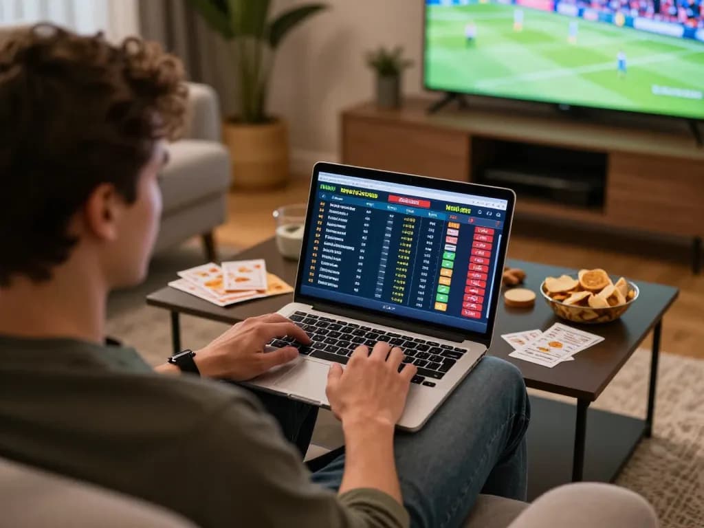 TG88 sports betting enthusiast placing live bets on laptop at home.