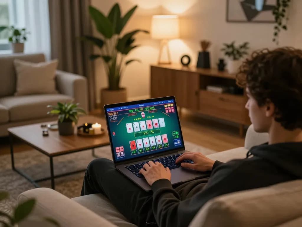 Player engaging in online blackjack at kk55 from a stylish home setup, showcasing vibrant gaming interface.