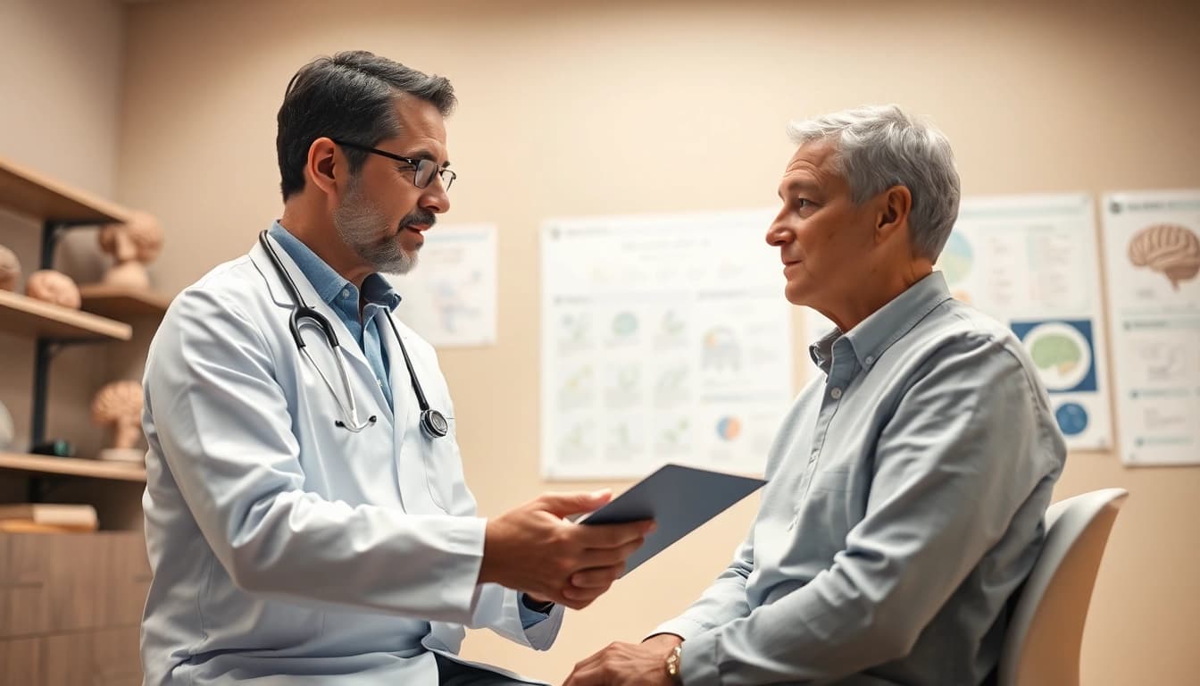 Illustration of brain fog symptoms with a patient discussing with a doctor, showing engagement and trust.