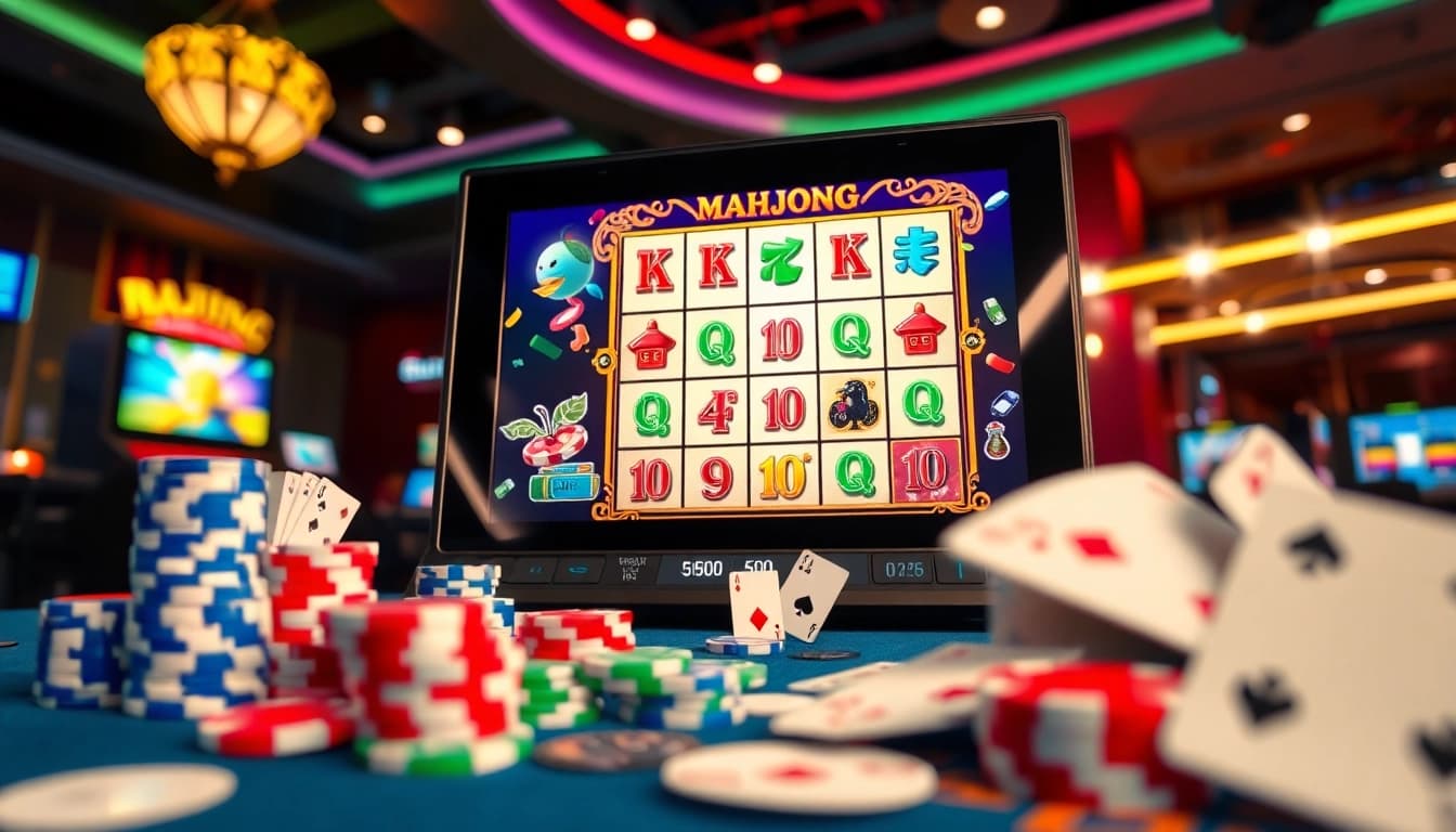 Putar slot demo mahjong dengan grafis cerah dan elemen kasino yang mengelilinginya.