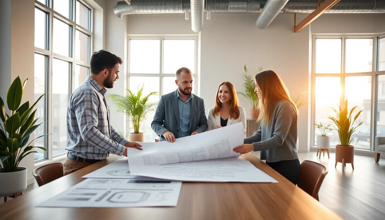 Collaborative meeting with a commercial architect reviewing blueprints in a modern office.