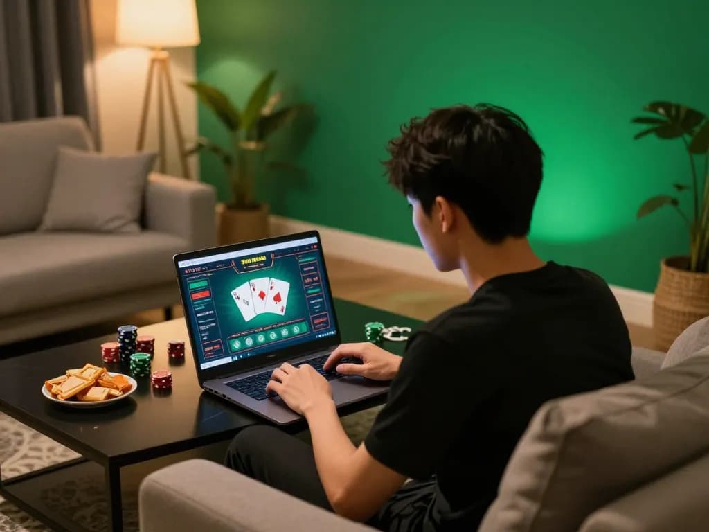 Permainan Toto Macau ditampilkan di laptop dalam ruang tamu modern, menunjukkan perjudian online yang strategis.