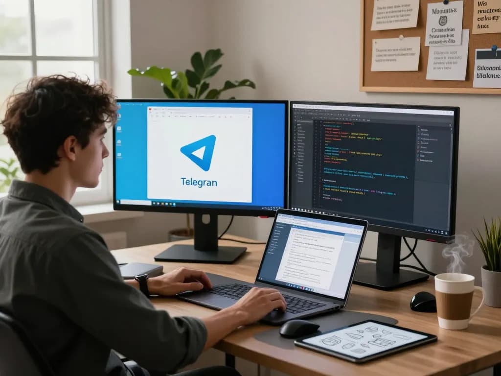 Focused workspace showing Telegram 电脑版 on dual monitors with a developer coding, capturing the essence of modern tech productivity.