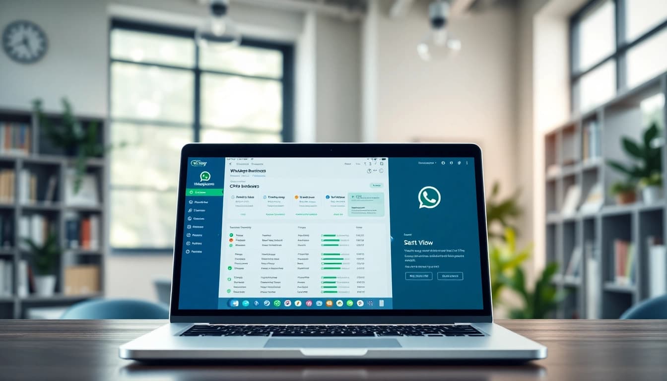 Optimizing client engagement with WhatsApp Business CRM displayed on a laptop in a modern workspace.