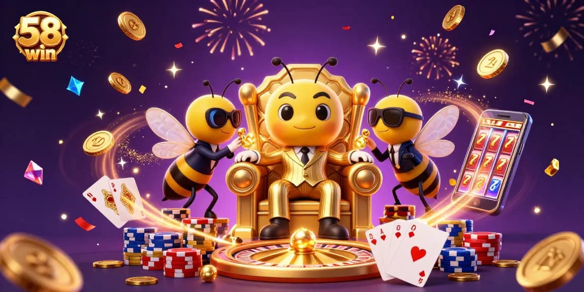 Experience the thrill of 58win with a vibrant 3D casino illustration, showcasing a bumblebee mob boss surrounded by iconic gaming elements.