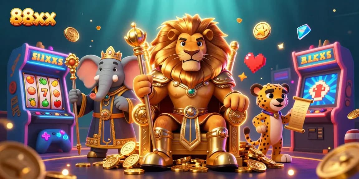 Engage in thrilling casino fun with 88xx featuring a regal lion and lucky slot elements.