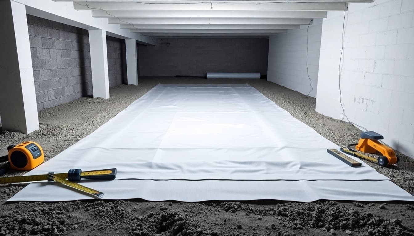 Vapor Barrier Installation during a professional crawl space project with tools and materials.