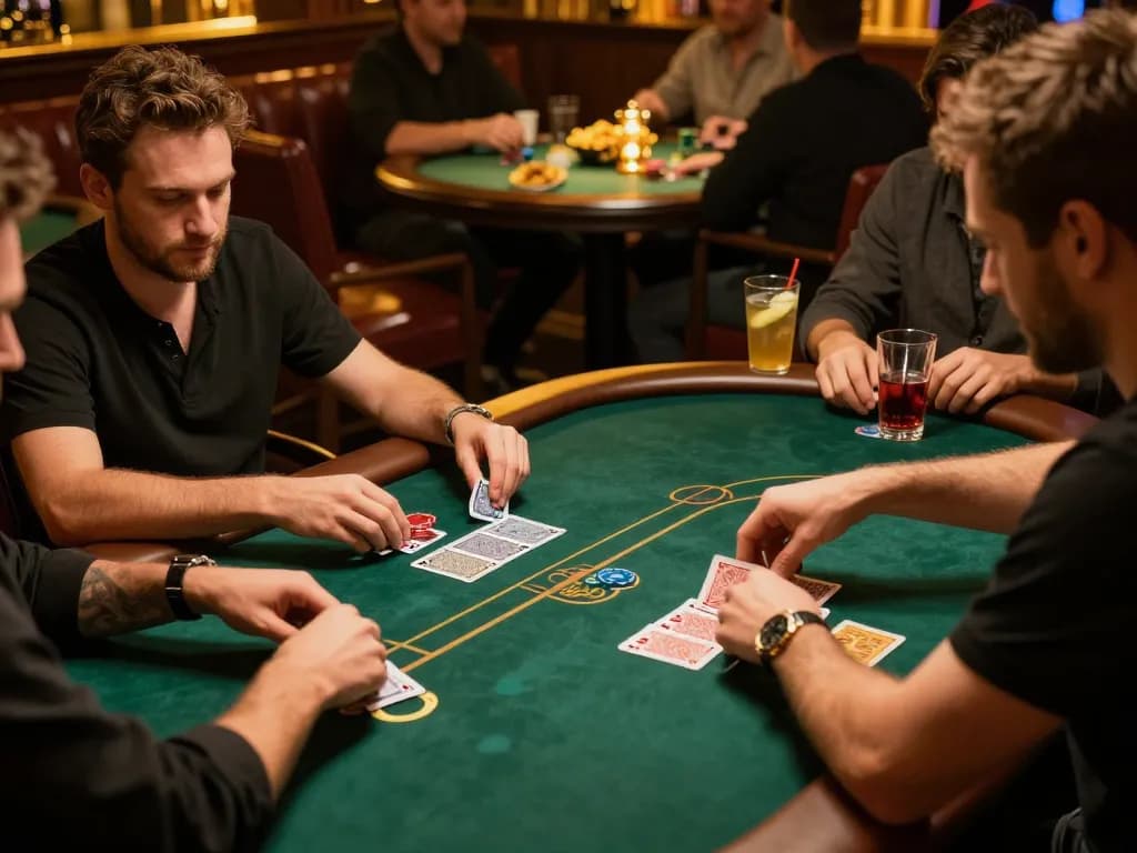 The hidden wiki features players strategizing during a high-stakes poker game in an elegant underground lounge setting.