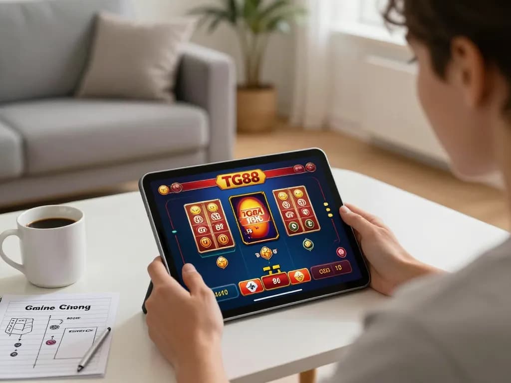 Engaging in online games at TG88, showcasing immersive gameplay and strategic betting in a cozy setting