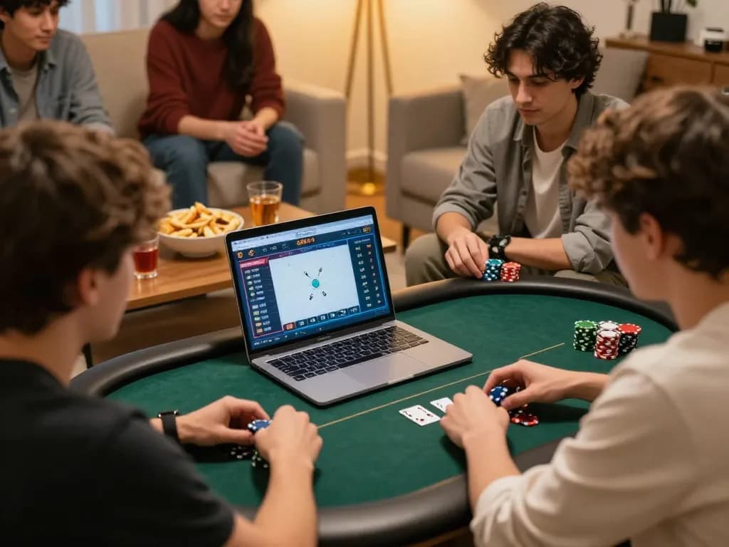 Engaged players strategizing in an exciting g28-t1 online poker game at home.