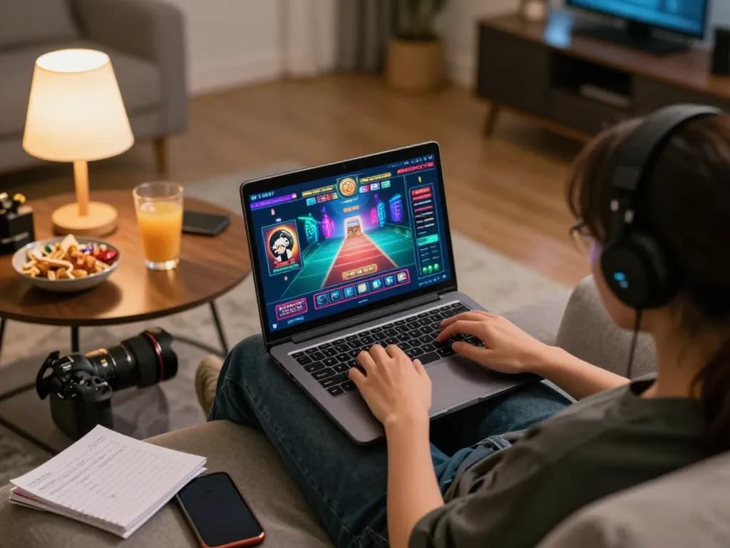 Player enjoying sc88 online casino gaming on laptop with cozy ambiance and snacks nearby.