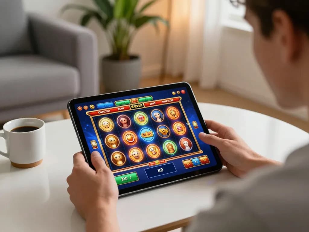 open88 user enjoying online slot games on a tablet in a cozy living room