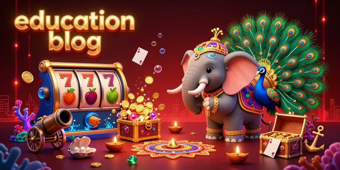 Engage with the vibrant casino world in this education blog illustration featuring Diwali-themed elements and dynamic game symbols.