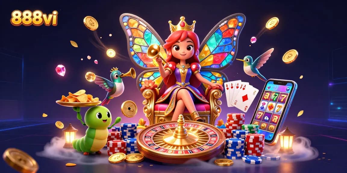 Experience the vibrant art of 888vi with a captivating casino-themed butterfly queen and dynamic game elements.