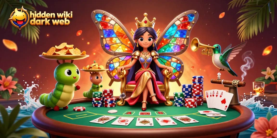 Engage with the hidden wiki dark web, featuring a butterfly queen amidst vibrant poker action.
