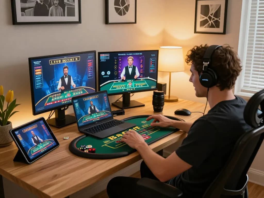 Player engaging with AE888 live dealer game in a stylish home office setup, showcasing modern online gaming experience.