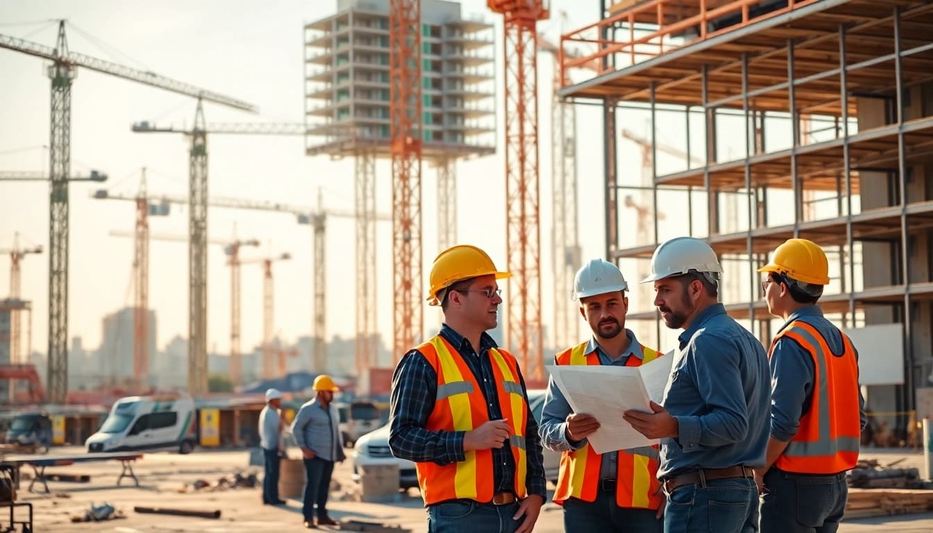 Showcasing Austin construction site with diverse teams and machinery in action.