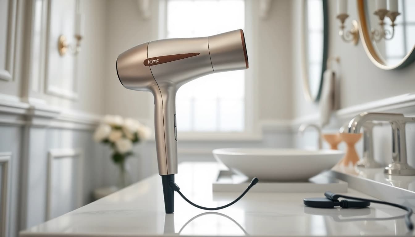 Using an Ionic hair dryer on a stylish vanity for a salon-quality experience.