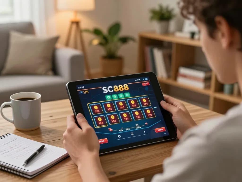 Engaging scene of a player using sc888 online poker app on a tablet in a cozy living room environment.
