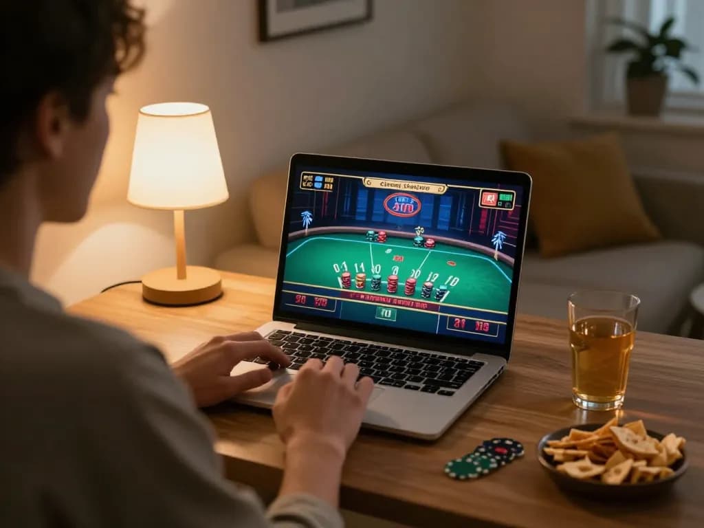 Play blackjack online at xfzc168 in a cozy home setting with laptop and snacks.