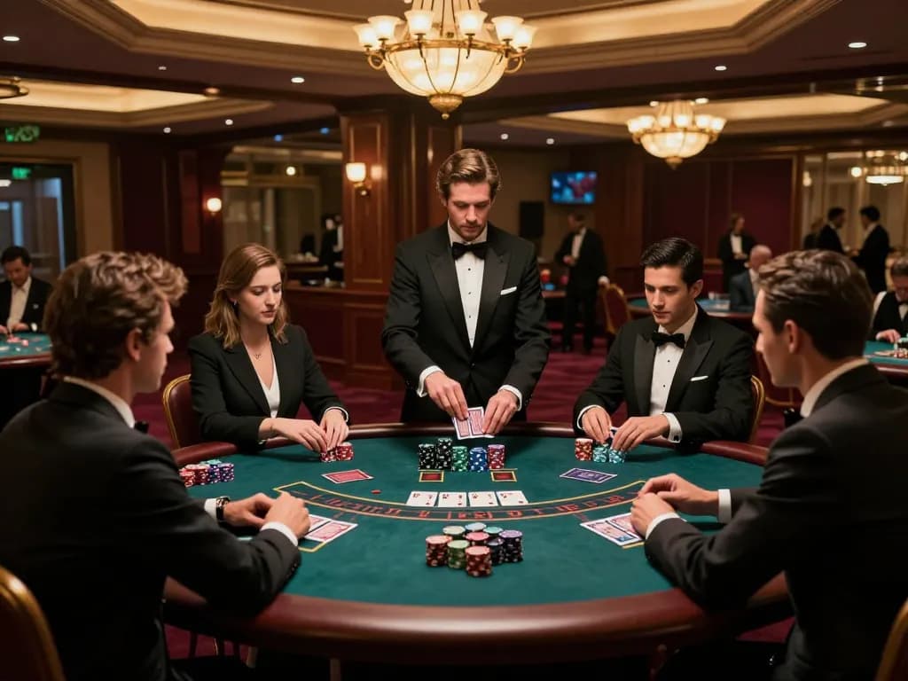 8kbet players strategizing around a luxurious blackjack table, the excitement of high-stakes gameplay visible