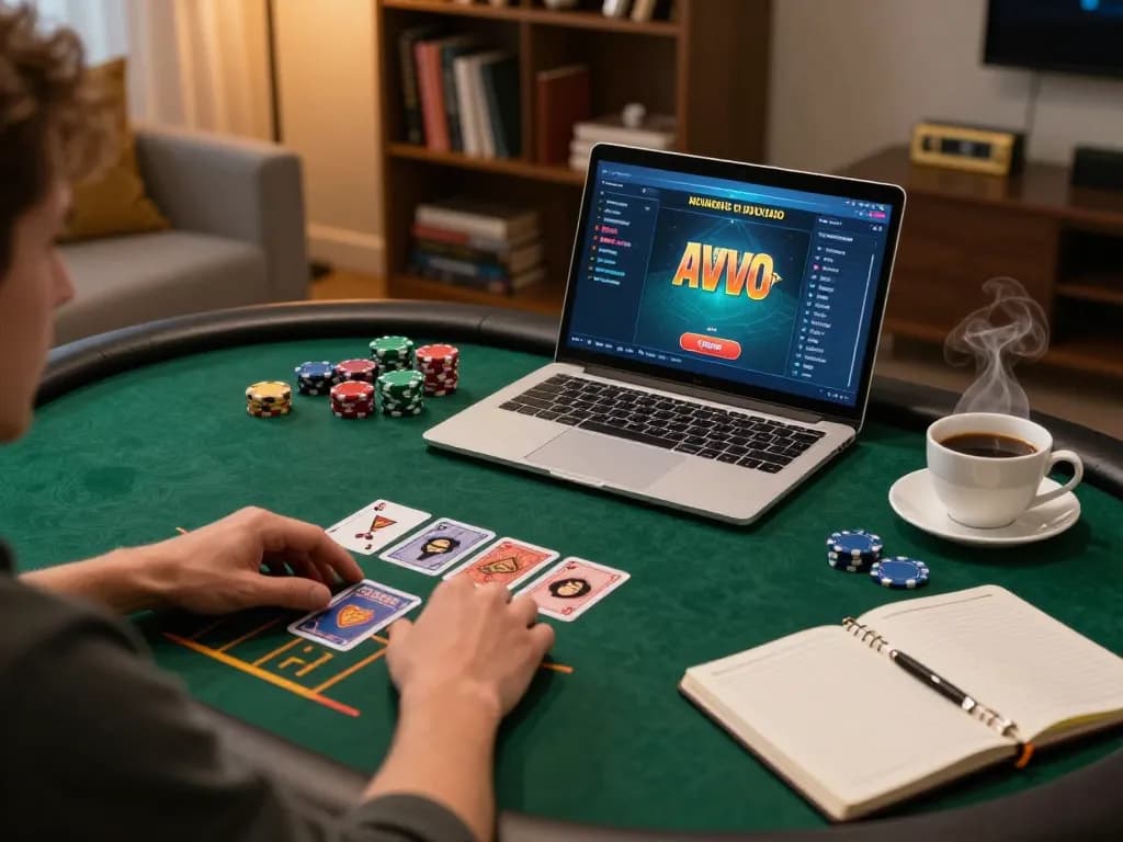 Person analyzing strategies while playing poker online at 888top, showcasing laptop and betting notes.