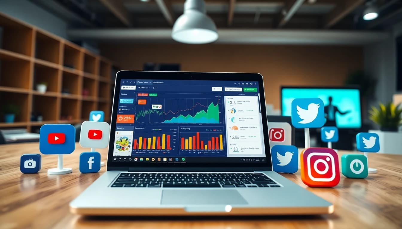 Boost engagement using a powerful youtube smm panel illustrated in a vibrant digital marketing workspace.