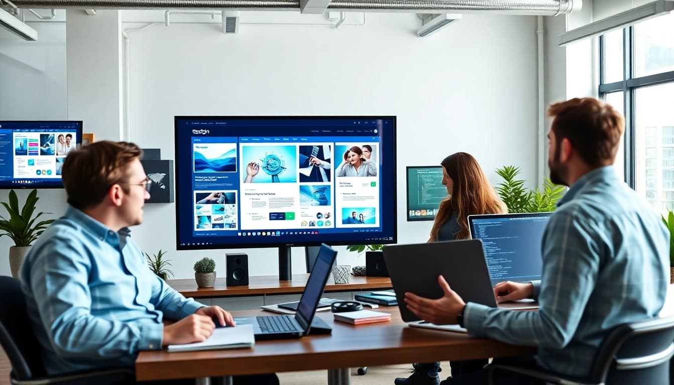 Creating engaging web design edmonton with a collaborative team in a modern workspace.