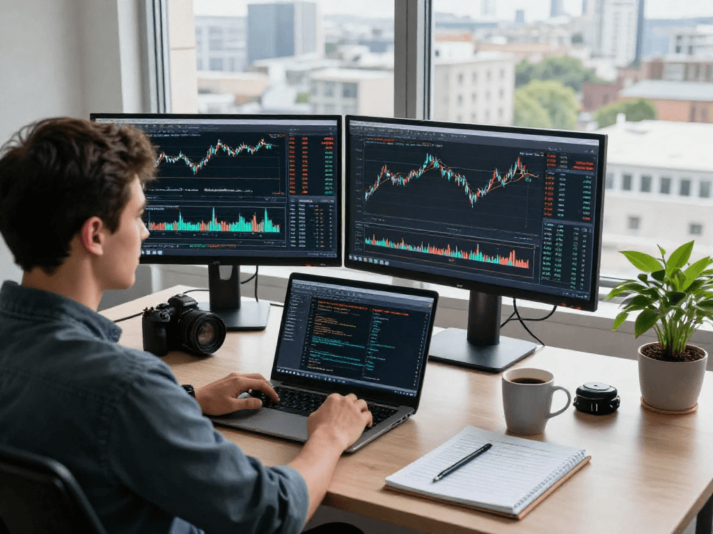 Trader utilizing metatrader 5 for multi-asset financial analysis in a modern workspace.