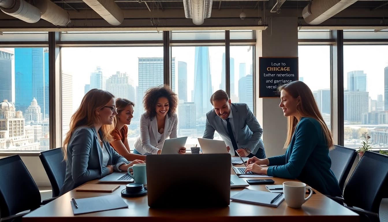 Engaged professionals in a modern Chicago office searching for Chicago jobs.