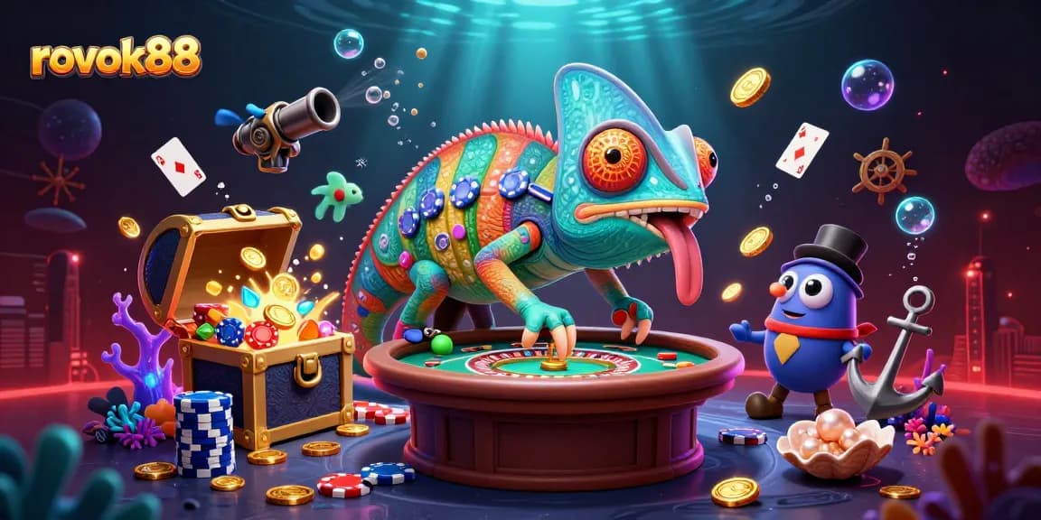 Experience the thrill with rokok88 as the chameleon casino owner charms players in a vibrant 3D casino scene.