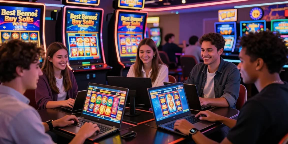 Engaged players at https://aboutderbyshire.co.uk enjoying bonus buy slots in a neon-lit casino.