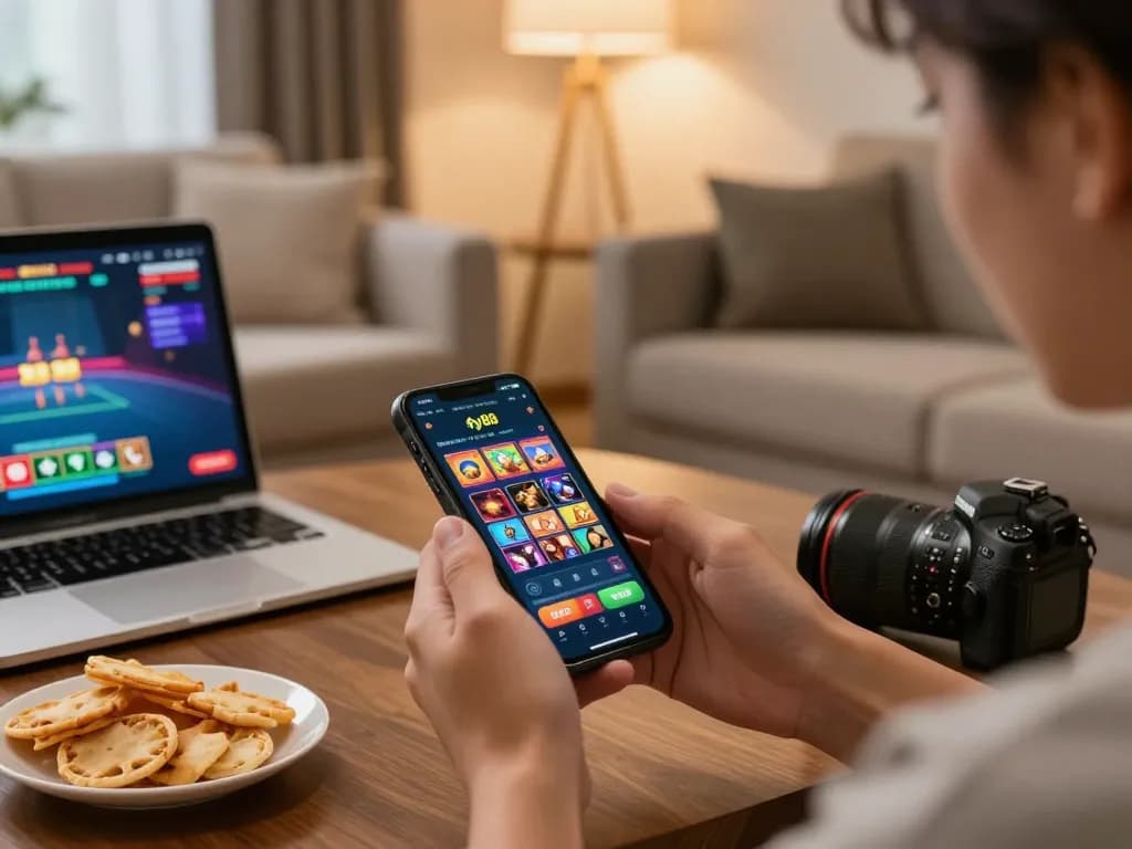 Player engaged with fly88 casino app on mobile, showcasing interactive gaming experience at home.
