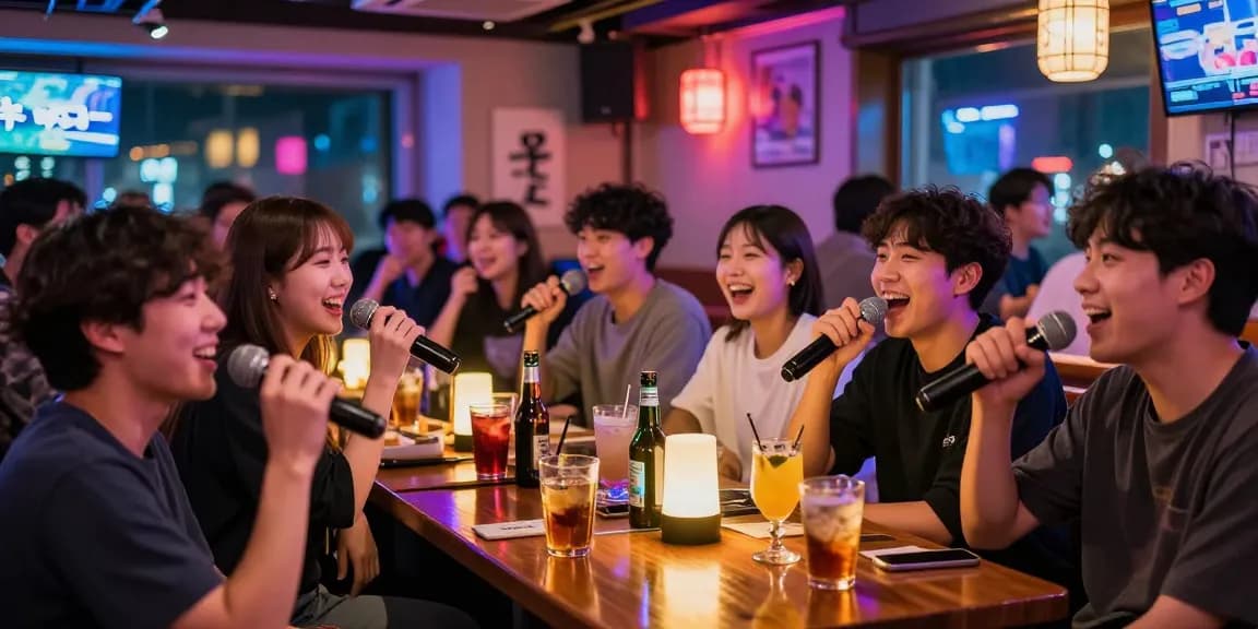Dynamic 제주도유흥 nightlife scene with friends enjoying karaoke and colorful drinks in vibrant bar atmosphere.