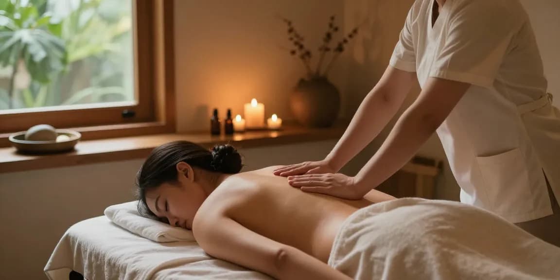Serene Swedish massage therapy scene at makangs.com/region/국내/서울-/마사지-스웨디시 with therapist, calming decor, and soft lighting.