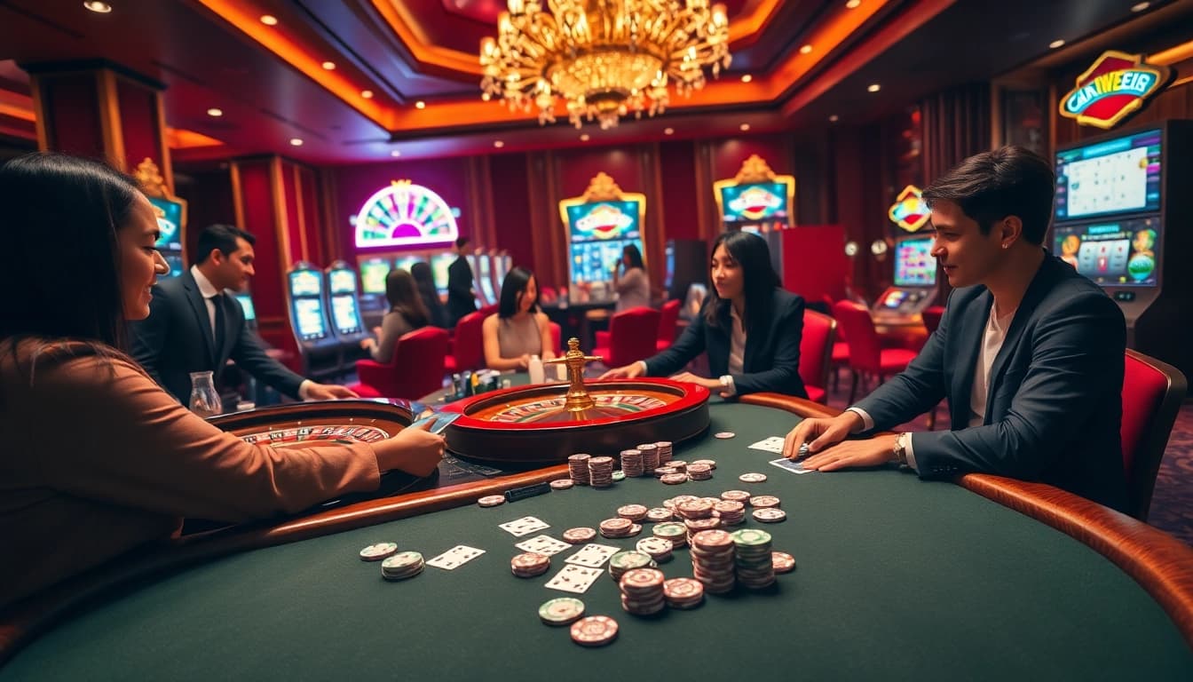 Engaging players at luxurious casino tables showcasing the excitement of gambling at https://rr88.wales/.