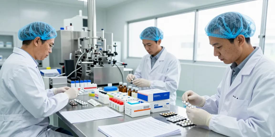 Pharmaceutical contractor South Africa inspecting blister packs and packaging materials in a modern facility.