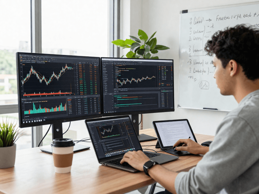Real-time analysis using Singapore quant stock API on dual monitors in a fintech workspace.