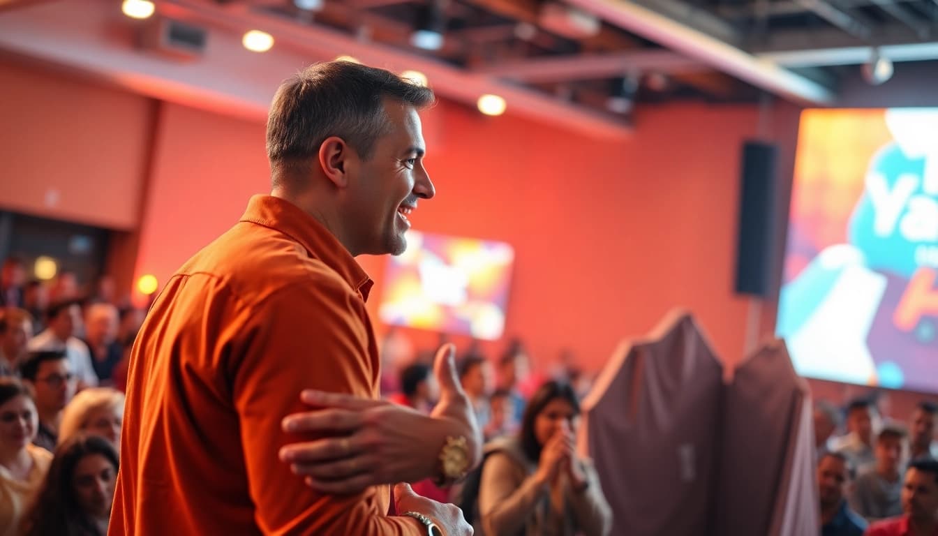 Inspiring motivational speaker captivating an audience with dynamic engagement.