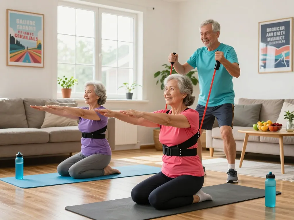 Active senior couple practicing yoga with fivali back brace posture in a bright home.
