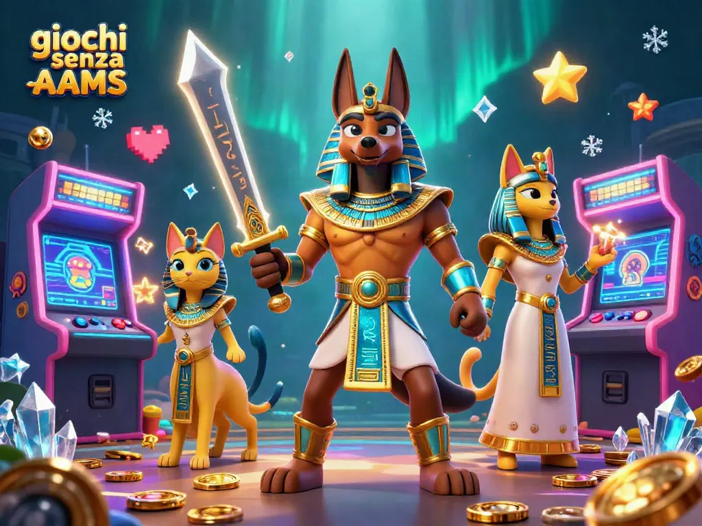 Scopri giochi senza AAMS con il guerriero Anubis e giochi retrò in un'illustrazione vibrante.