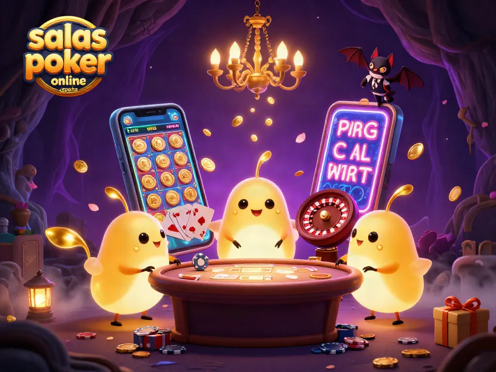 Jugadores disfrutando de las salas de póker online en España, llenas de luces, cartas y premios.