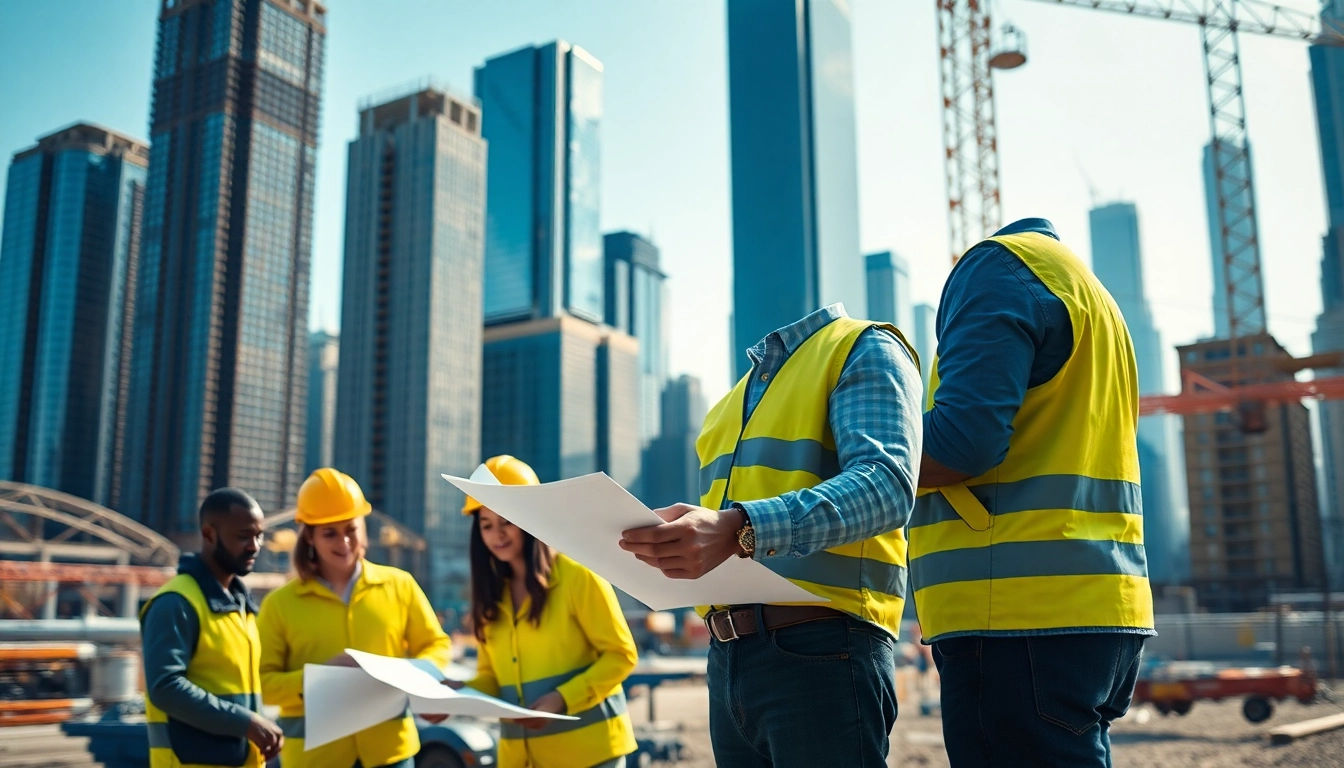 Engaged New York City Construction Manager coordinating with a construction team on site.