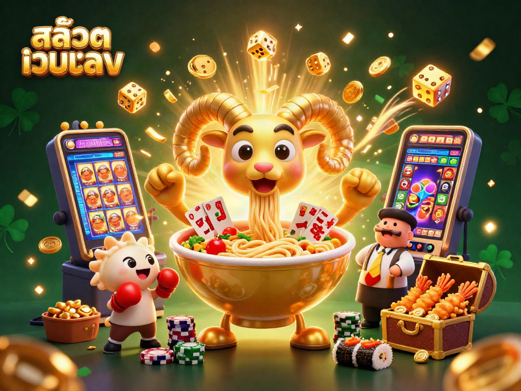 Experience thrilling wins at สล็อตเว็บตรง with giant ramen bowl and casino symbols in a vibrant 3D scene.