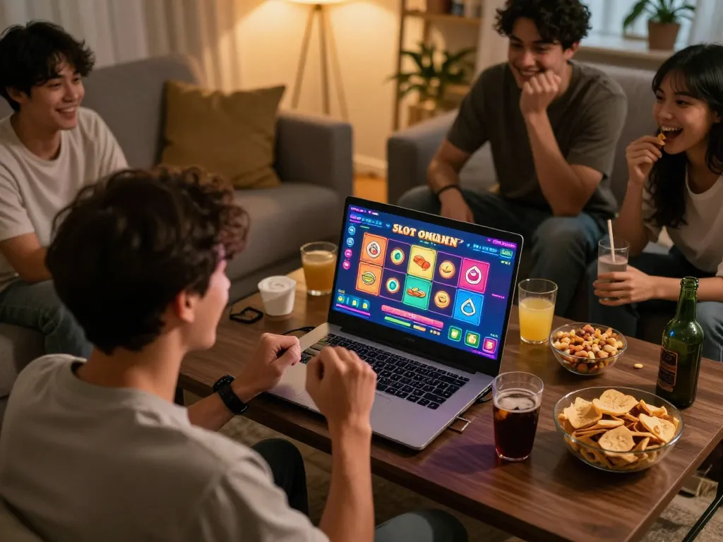 Celebrating a big win playing Slot Online while enjoying a fun gaming night with friends.