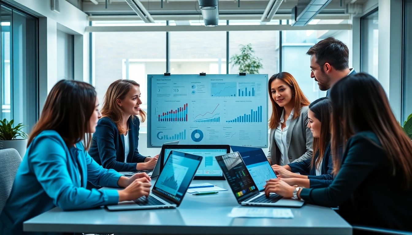 SEO agentur Team arbeitet an digitalen Marketingstrategien in modernem Büro.