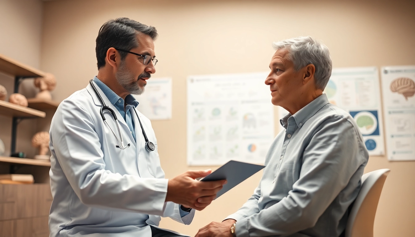 Illustration of brain fog symptoms with a patient discussing with a doctor, showing engagement and trust.