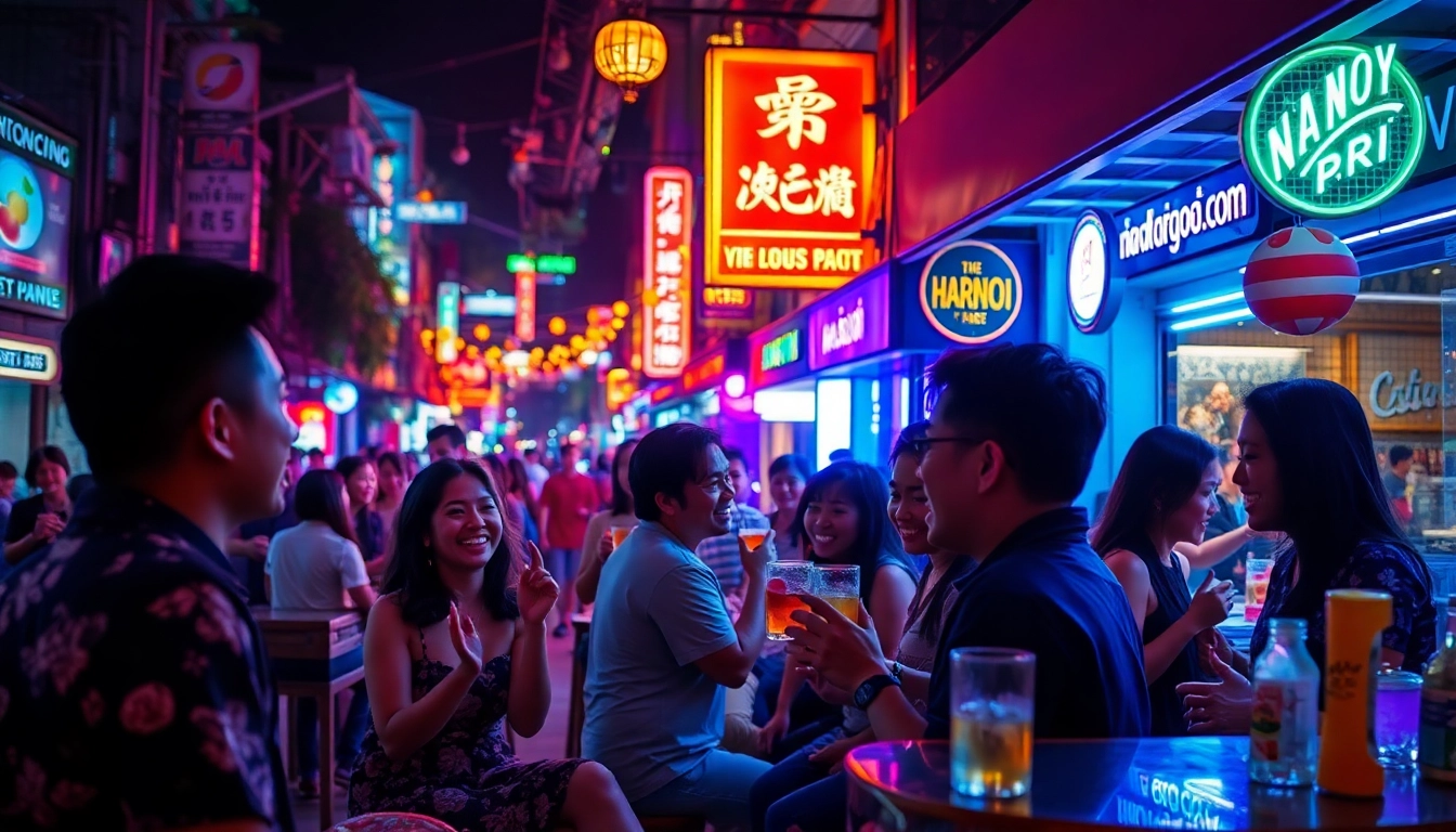 Experience 하노이밤문화 with a lively scene of friends enjoying outdoor karaoke under neon lights.