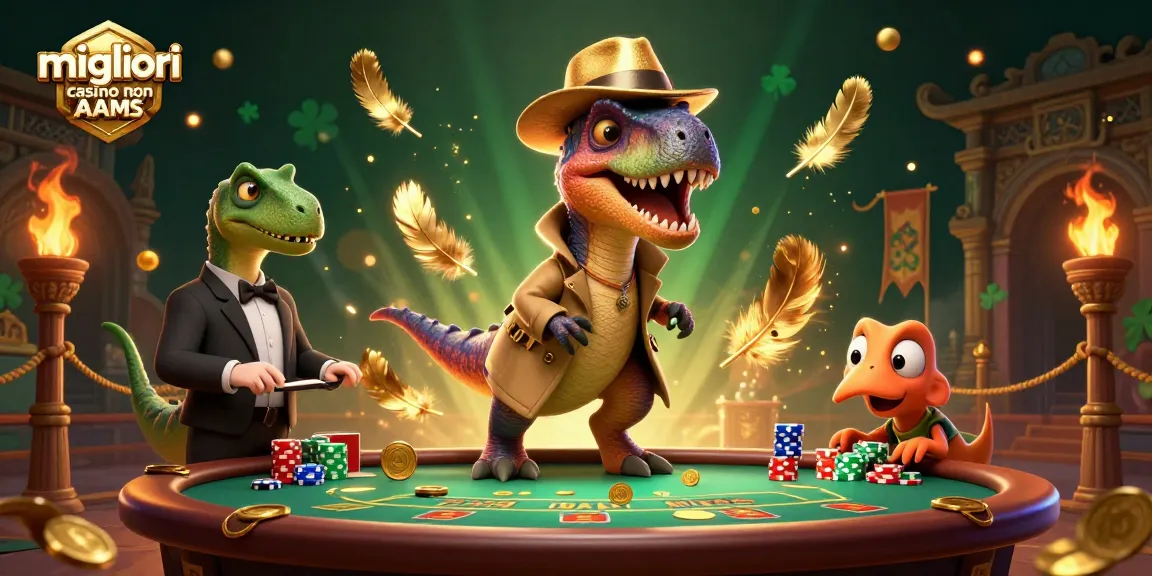 Scopri i migliori casino non AAMS mentre il velociraptor gioca a blackjack in un vivace ambiente di gioco.